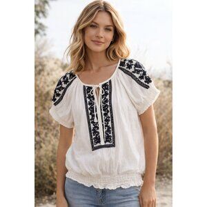 Tommy Hilfiger White Embroidered Peasant Blouse Cotton Boho Top L